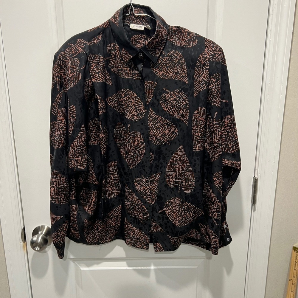 Omanti Womens Skirt Suit Set 100% Silk Leaf Print Black Copper Size 14 Flawed